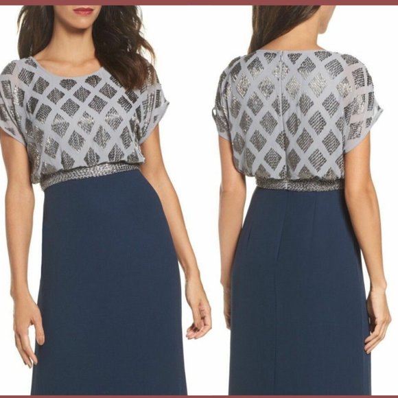 NWT Adrianna Papell Beaded Colorblock Blouson‎ Gown in Silver/Navy [SZ 10 ] - Picture 11 of 11